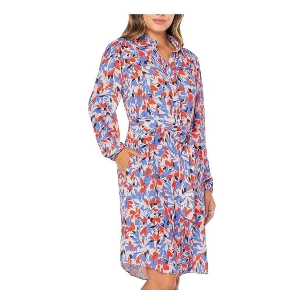 Well Worn Women's White, Blue, Red & Black Viscose Button Down Long Sleeve Dress